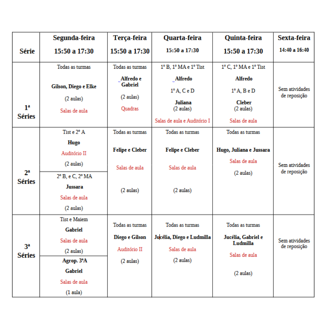 Reposições de aulas na semana de 12 a 16 de agosto 2