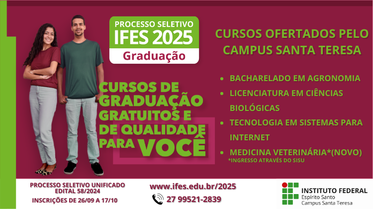 Ifes Campus Santa Teresa oferece 52 vagas em três cursos no PS 58/2024